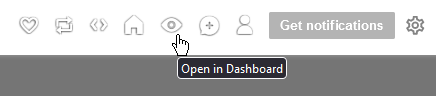 a row of user interface icons. a mouse cursor is hovering over one of them; it looks like an eye and is labeled 'open in dashboard'